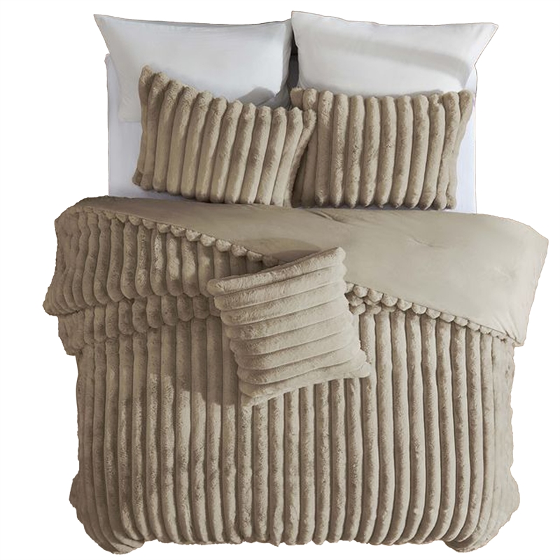 Benjara Sieno 4pc King Comforter Set- Taupe Brown Faux Fur- Micro Mink Backing