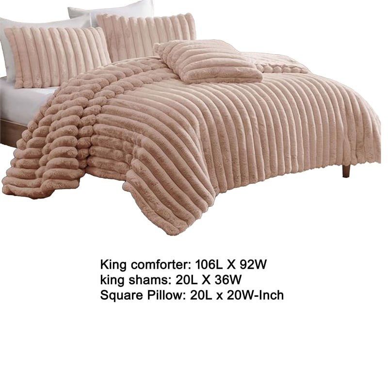Benjara Sieno 4pc King Comforter Set- Blush Pink Faux Fur- Micro Mink Backing