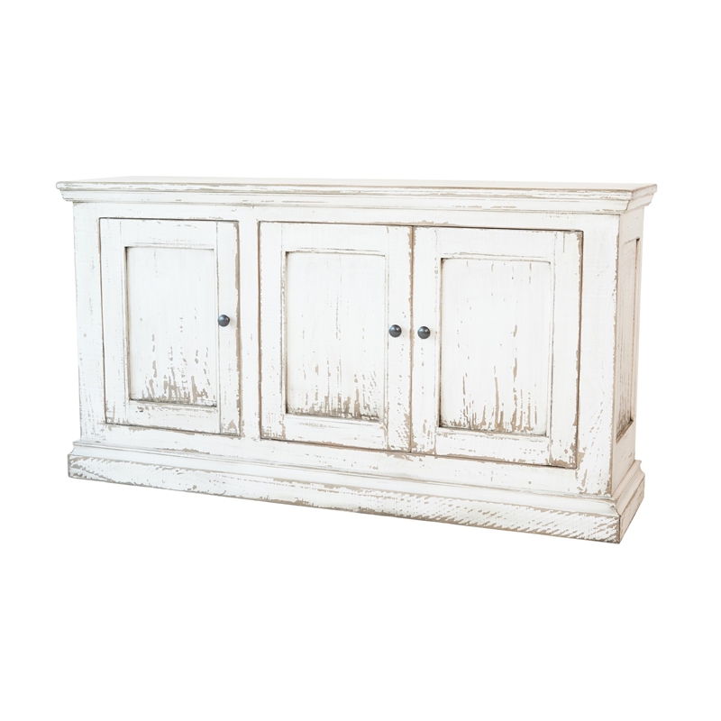 Benjara Miy Sideboard Buffet Cabinet- 3 Door- Antique White Pine Wood 65 Inch