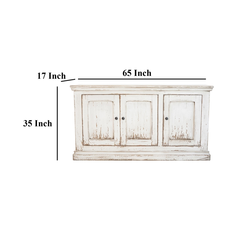 Benjara Miy Sideboard Buffet Cabinet- 3 Door- Antique White Pine Wood 65 Inch