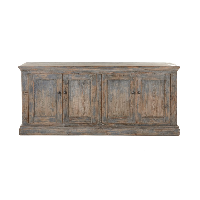 Benjara Miy Sideboard Buffet Cabinet- 4 Door- Antique Blue Pine Wood 83 Inch