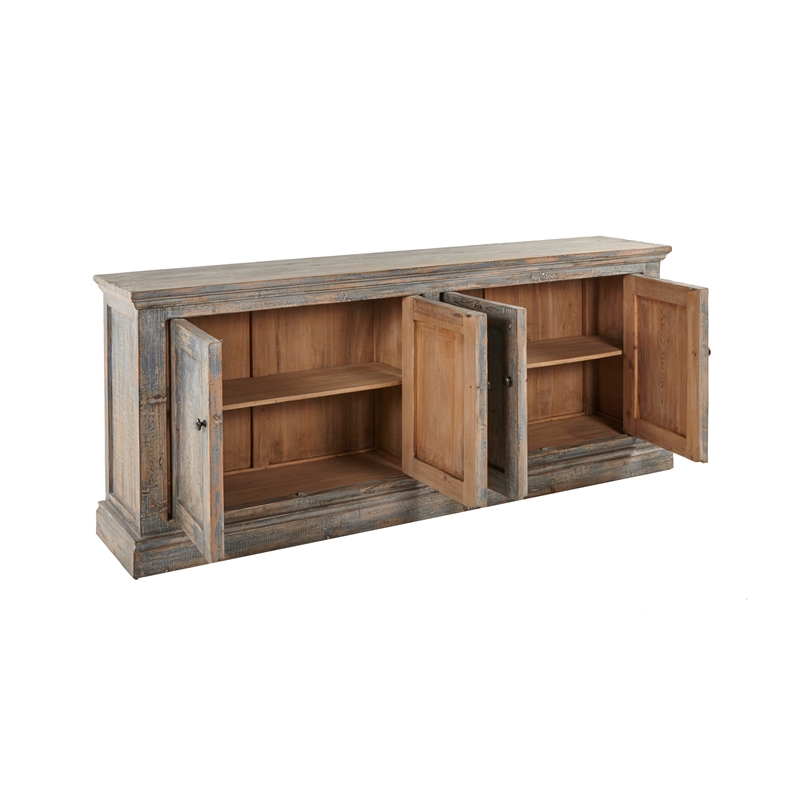 Benjara Miy Sideboard Buffet Cabinet- 4 Door- Antique Blue Pine Wood 83 Inch