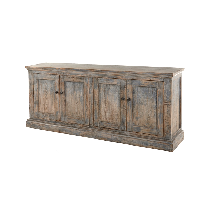 Benjara Miy Sideboard Buffet Cabinet- 4 Door- Antique Blue Pine Wood 83 Inch