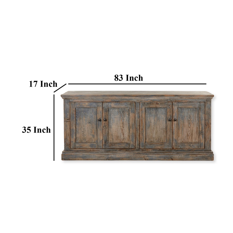 Benjara Miy Sideboard Buffet Cabinet- 4 Door- Antique Blue Pine Wood 83 Inch