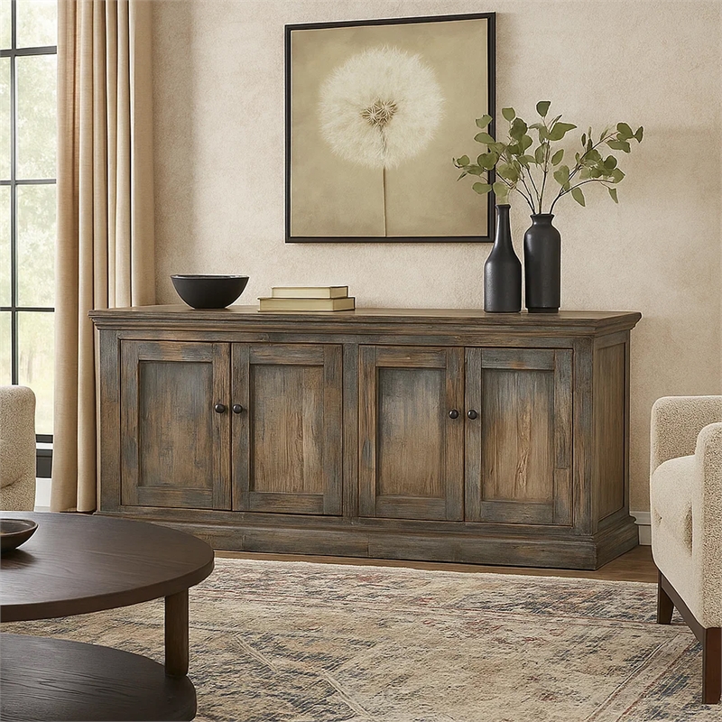 Benjara Miy Sideboard Buffet Cabinet- 4 Door- Antique Blue Pine Wood 83 Inch