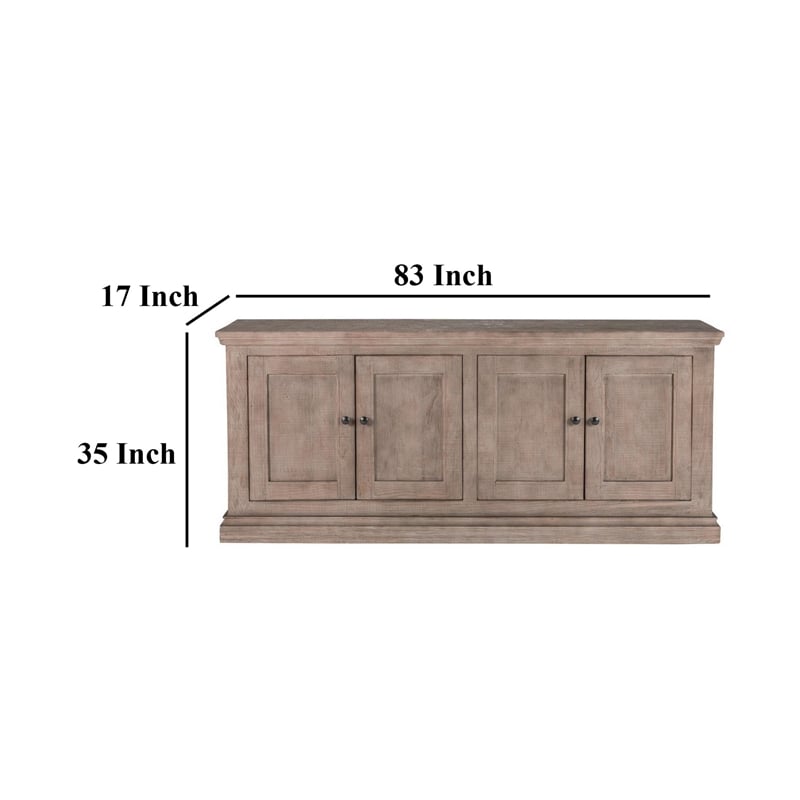 Benjara Miy Sideboard Buffet Cabinet- 4 Door- Medium Gray Pine Wood 83 Inch