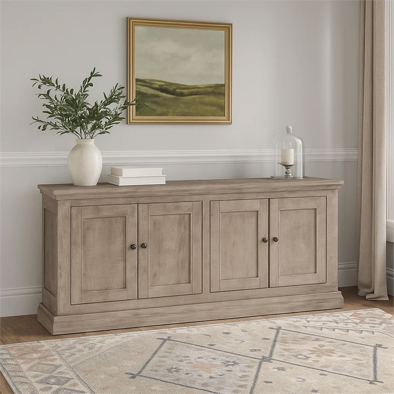 Benjara Miy Sideboard Buffet Cabinet- 4 Door- Medium Gray Pine Wood 83 Inch
