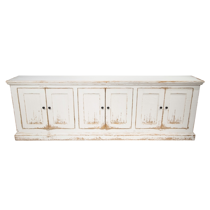 Benjara Miy Sideboard Buffet Cabinet- 6 Door- Antique White Pine Wood 106 Inch