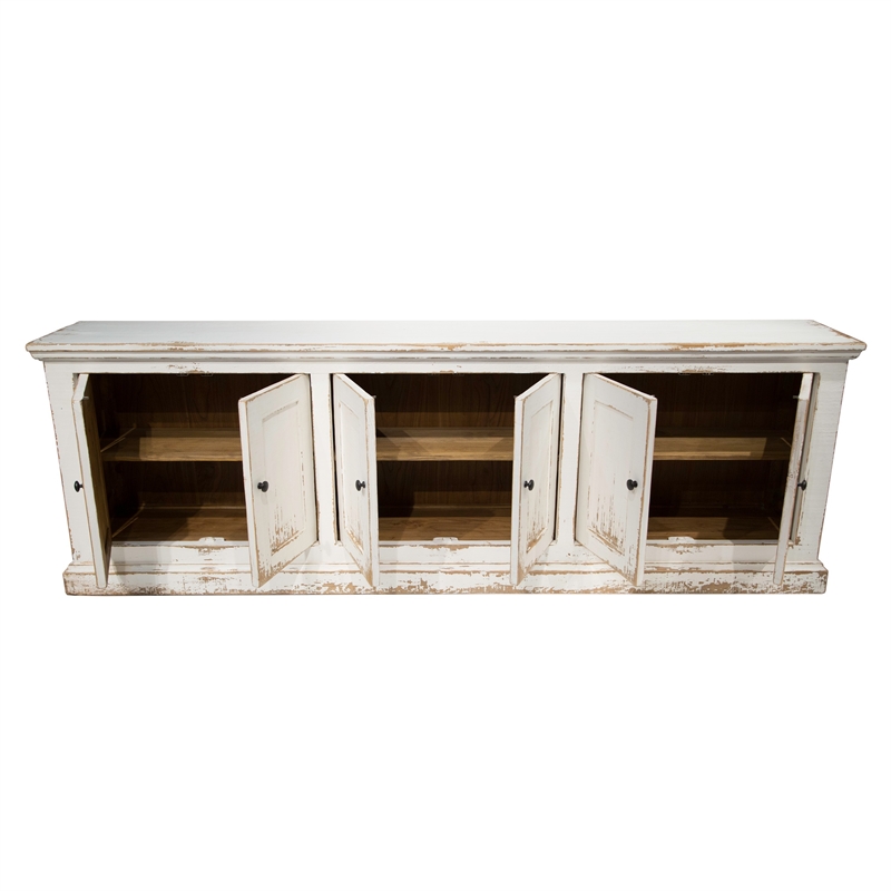 Benjara Miy Sideboard Buffet Cabinet- 6 Door- Antique White Pine Wood 106 Inch