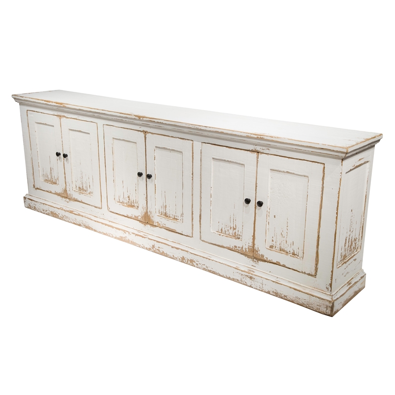 Benjara Miy Sideboard Buffet Cabinet- 6 Door- Antique White Pine Wood 106 Inch