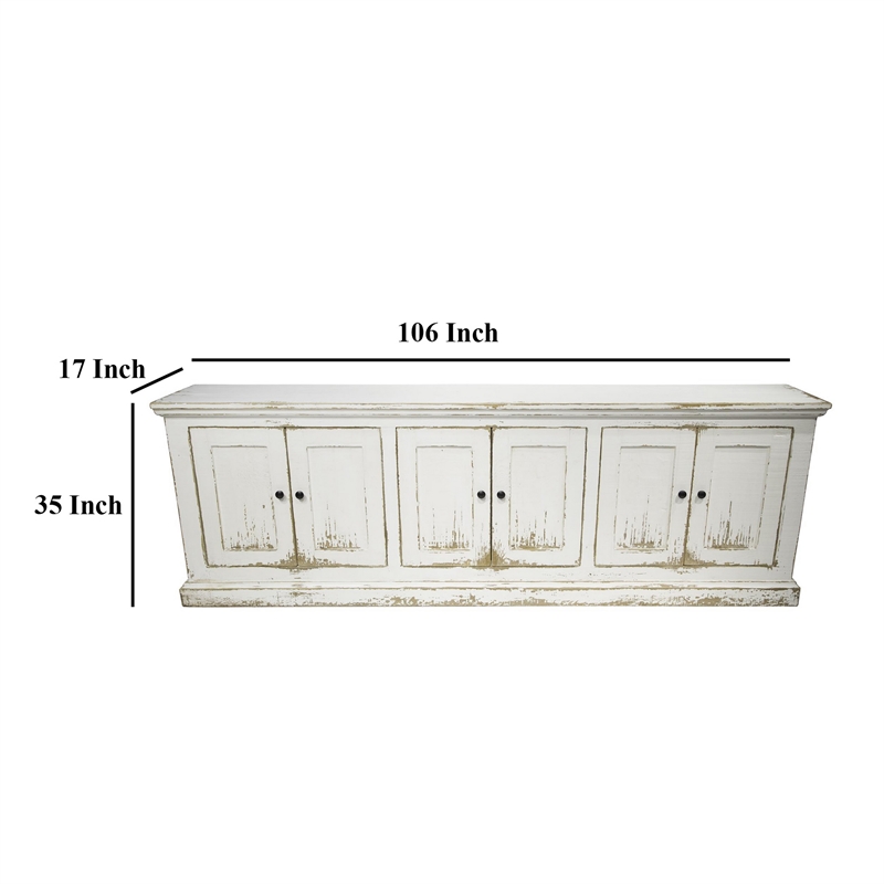 Benjara Miy Sideboard Buffet Cabinet- 6 Door- Antique White Pine Wood 106 Inch