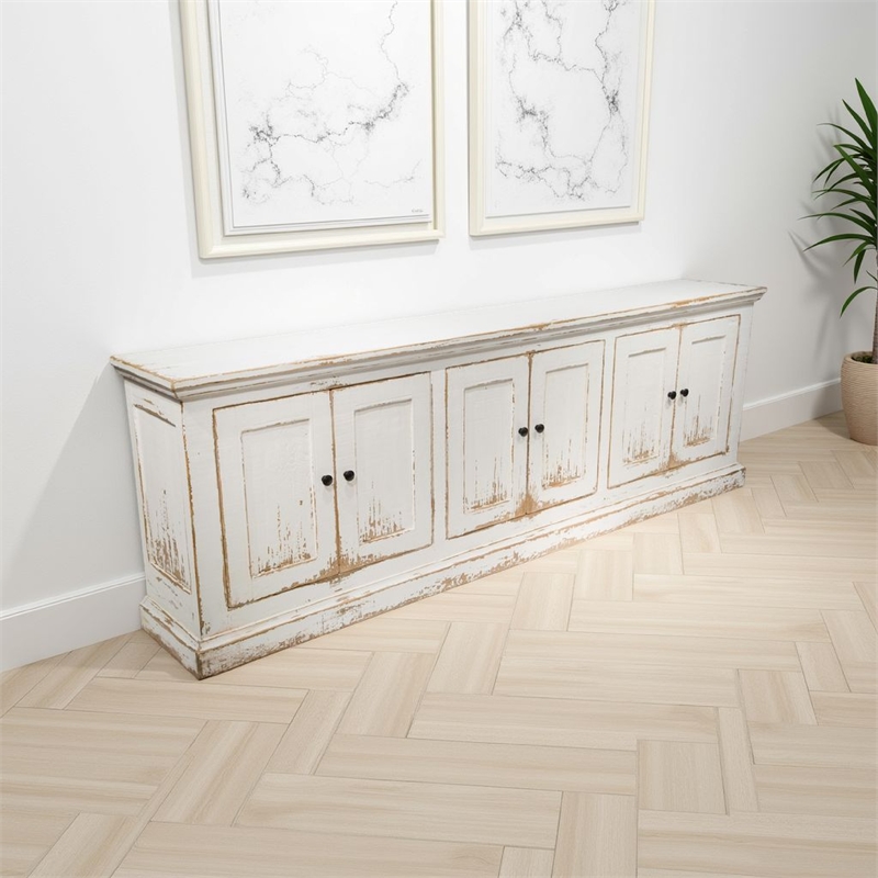 Benjara Miy Sideboard Buffet Cabinet- 6 Door- Antique White Pine Wood 106 Inch