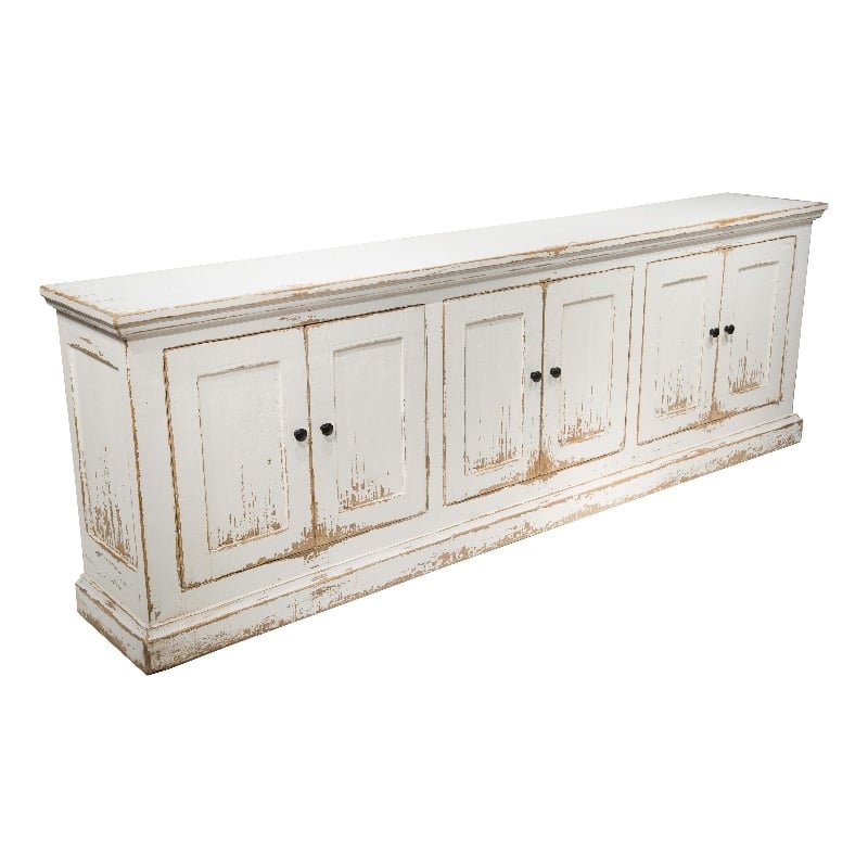 Benjara Miy Sideboard Buffet Cabinet- 6 Door- Antique White Pine Wood 106 Inch
