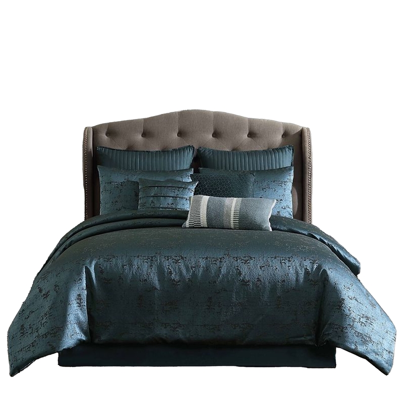 Benjara Beny 10pc King Size Comforter Set- Dark Turquoise Blue Woven Jacquard