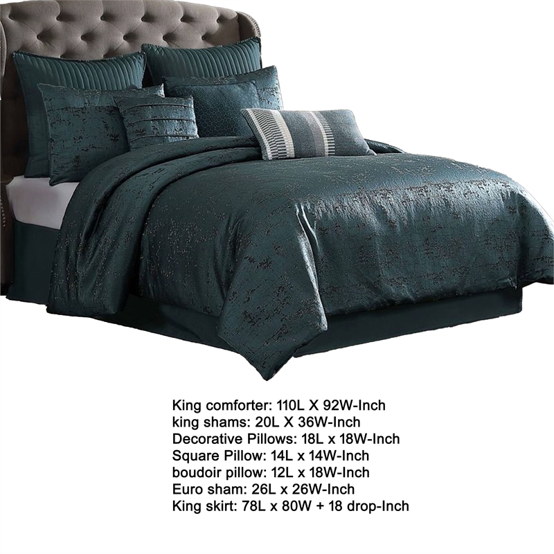 Benjara Beny 10pc King Size Comforter Set- Dark Turquoise Blue Woven Jacquard