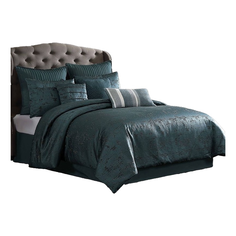 Benjara Beny 10pc King Size Comforter Set- Dark Turquoise Blue Woven Jacquard
