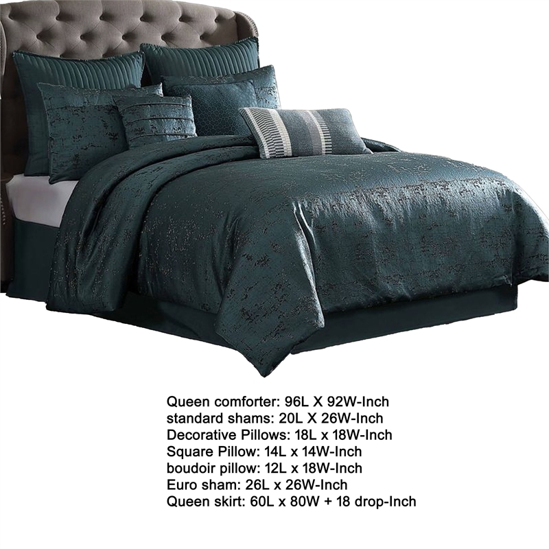 Benjara Beny 9pc King Size Comforter Set- Dark Turquoise Blue Woven Jacquard
