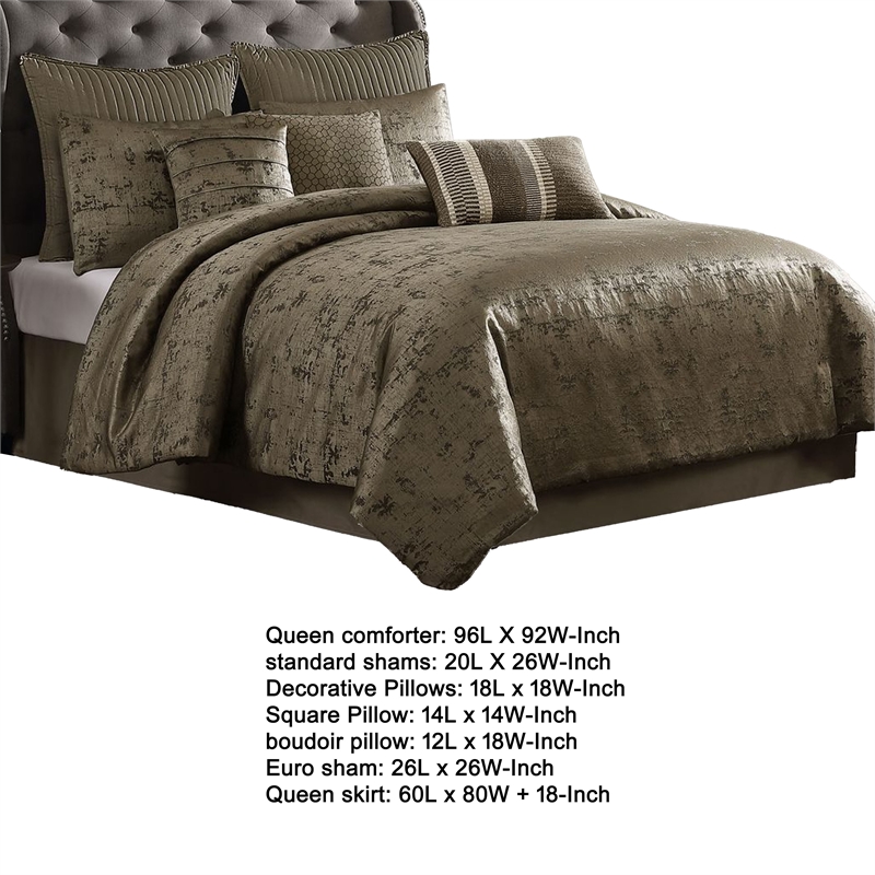 Benjara Beny 9pc King Size Comforter Set- Traditional Gold Woven Jacquard