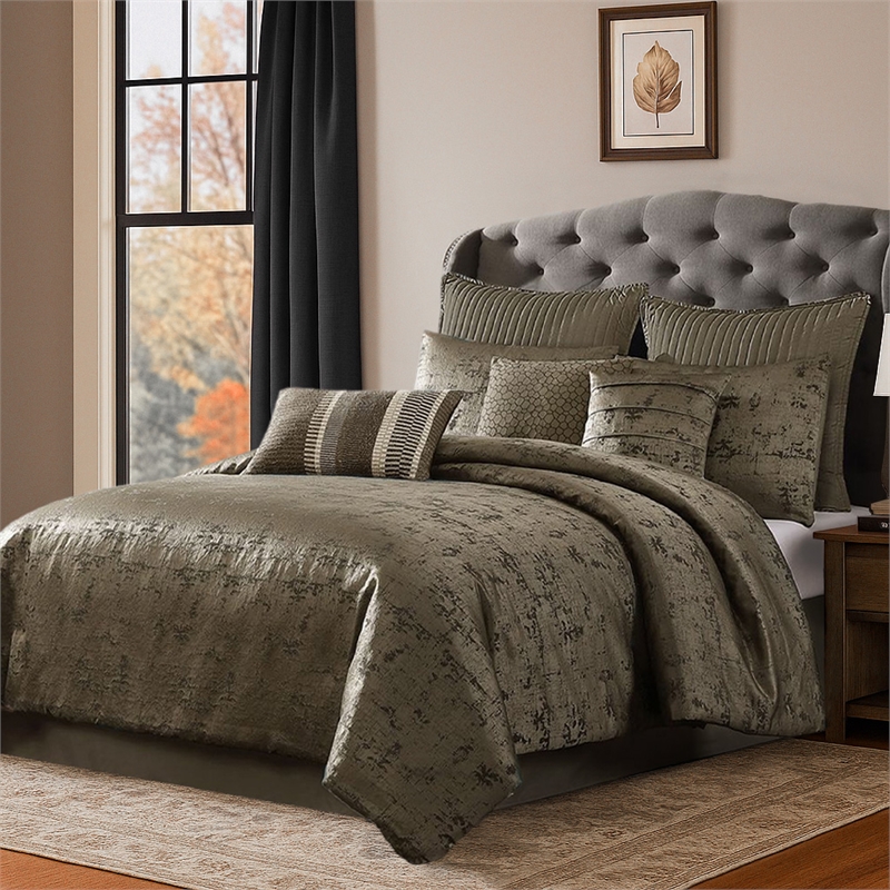 Benjara Beny 9pc King Size Comforter Set- Traditional Gold Woven Jacquard