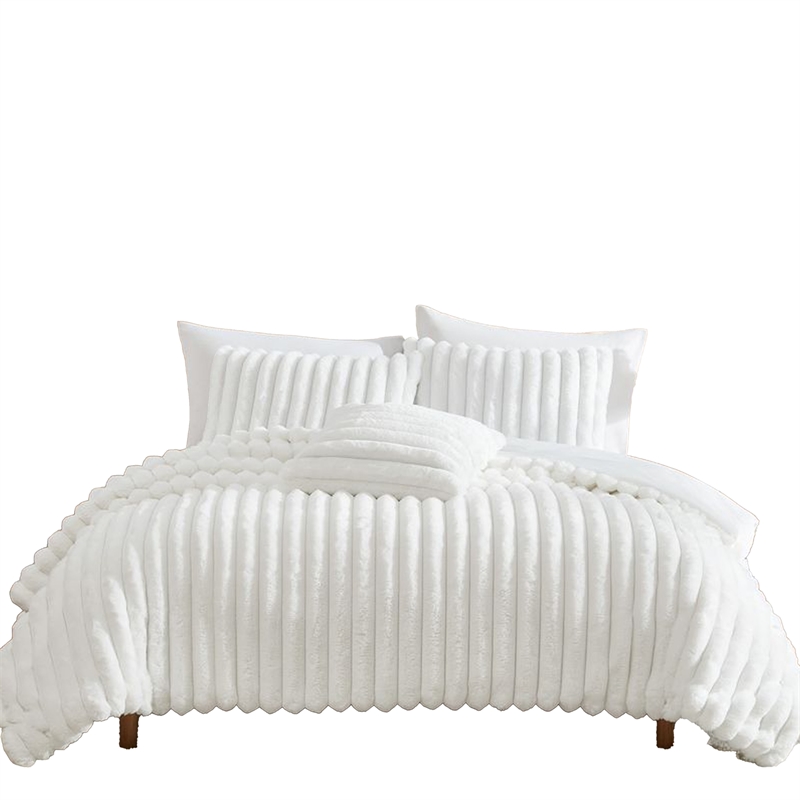 Benjara Sieno 4pc Queen Comforter Set- White Faux Fur and Micro Mink Backing