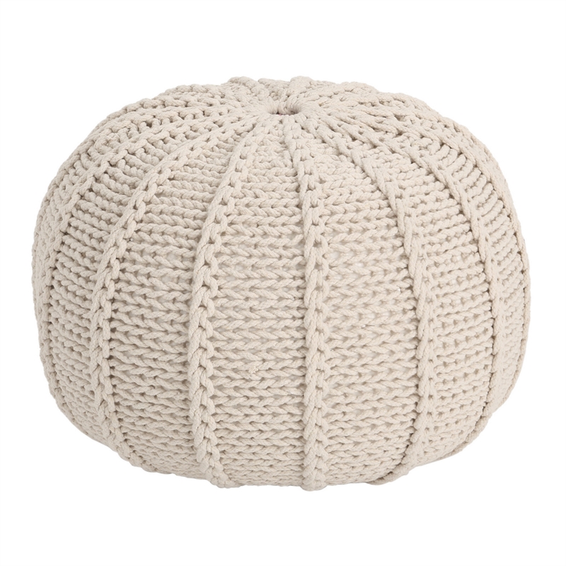 Benjara Round Knitted Pouf Ottoman- Handwoven Details- 20