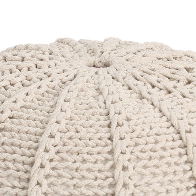 Benjara Round Knitted Pouf Ottoman- Handwoven Details- 20
