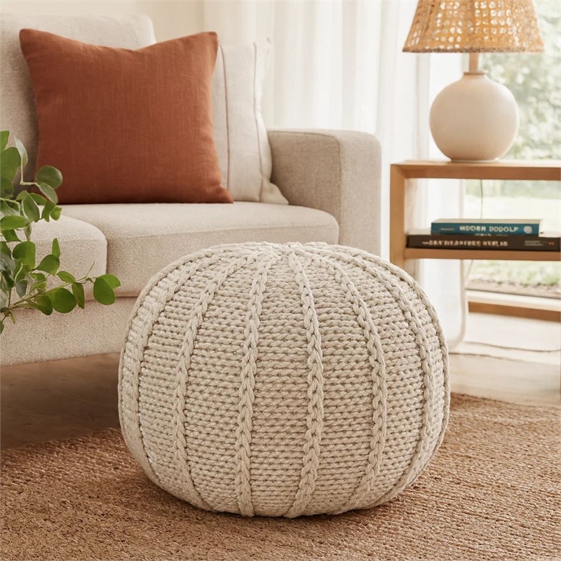 Benjara Round Knitted Pouf Ottoman- Handwoven Details- 20