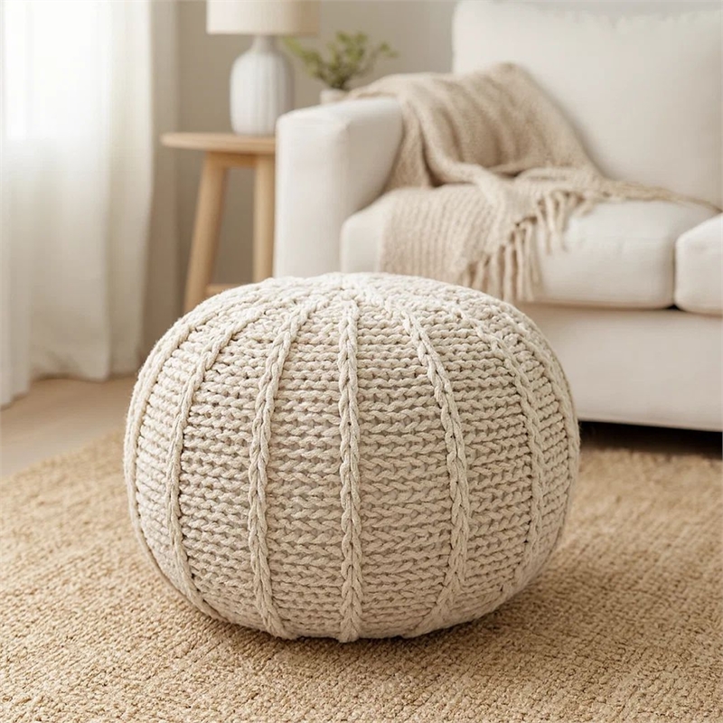 Benjara Round Knitted Pouf Ottoman- Handwoven Details- 20