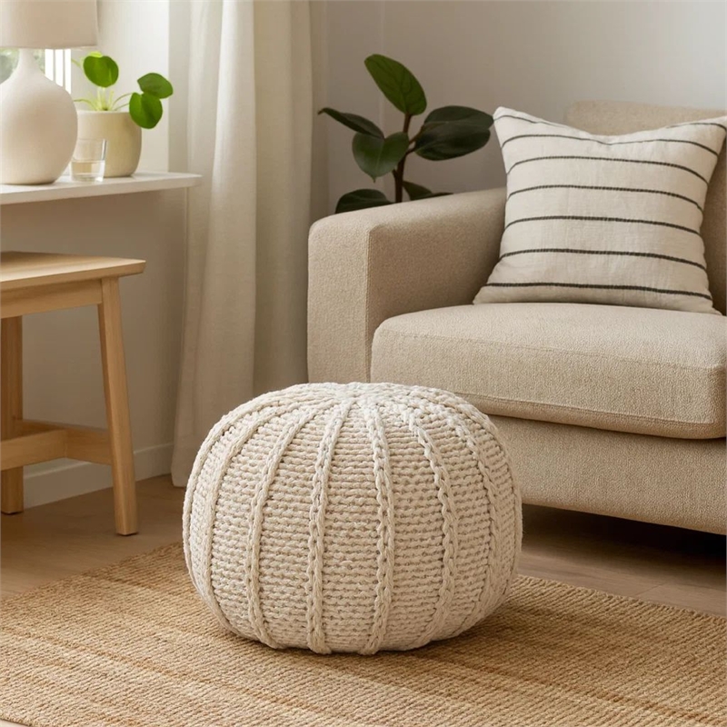 Benjara Round Knitted Pouf Ottoman- Handwoven Details- 20