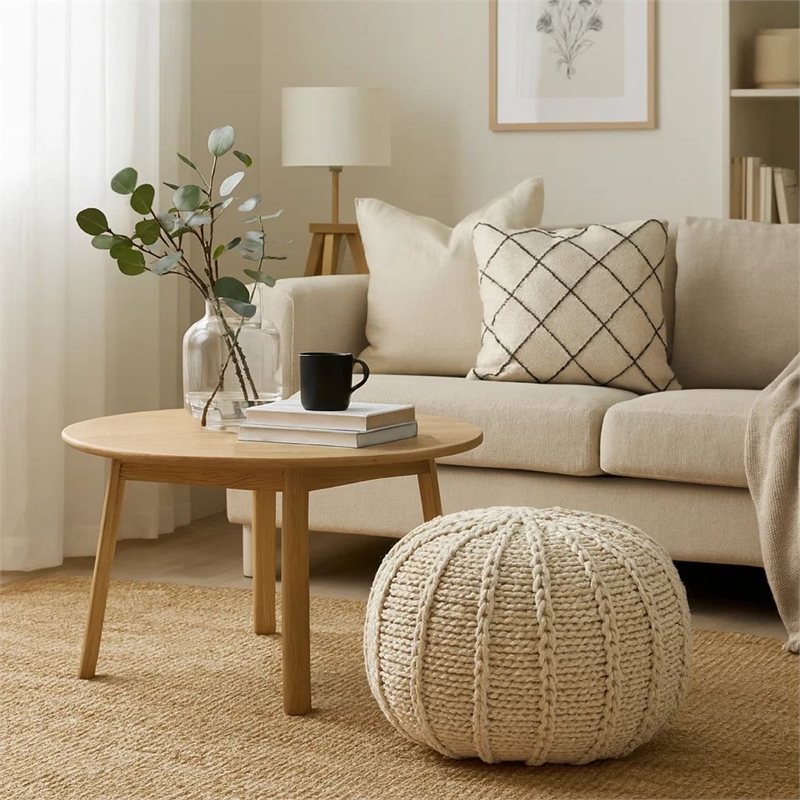 Benjara Round Knitted Pouf Ottoman- Handwoven Details- 20