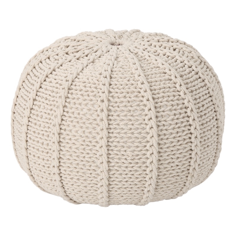 Benjara Round Knitted Pouf Ottoman- Handwoven Details- 20