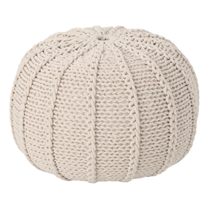 Benjara Round Knitted Pouf Ottoman- Handwoven Details- 20&quot Beige Cotton