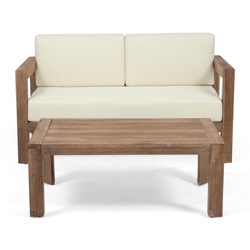 Benjara Outdoor Loveseat and Coffee Table Set- Beige Fabric- Brown Acacia Wood