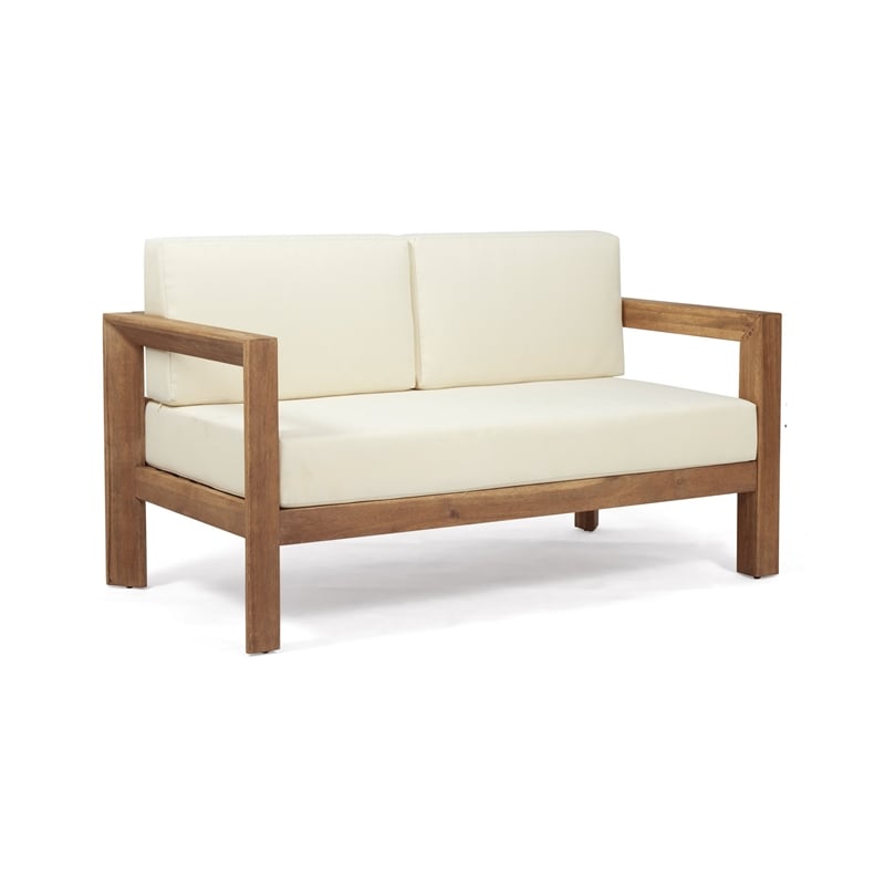 Benjara Outdoor Loveseat and Coffee Table Set- Beige Fabric- Brown Acacia Wood