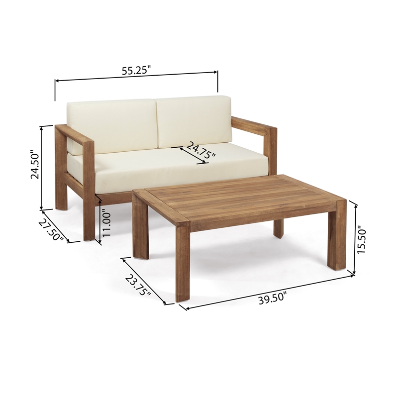 Benjara Outdoor Loveseat and Coffee Table Set- Beige Fabric- Brown Acacia Wood