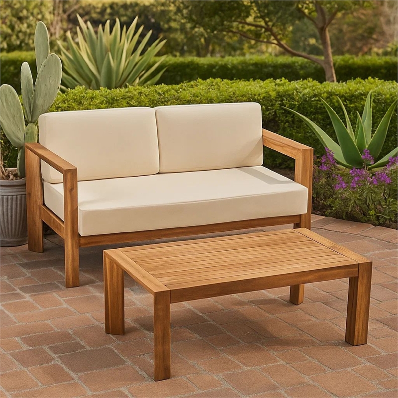 Benjara Outdoor Loveseat and Coffee Table Set- Beige Fabric- Brown Acacia Wood
