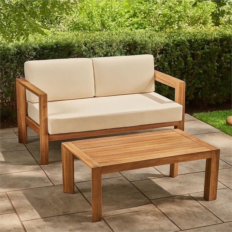 Benjara Outdoor Loveseat and Coffee Table Set- Beige Fabric- Brown Acacia Wood