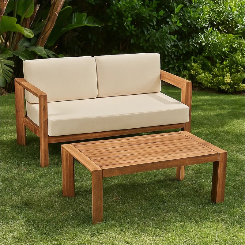 Benjara Outdoor Loveseat and Coffee Table Set- Beige Fabric- Brown Acacia Wood