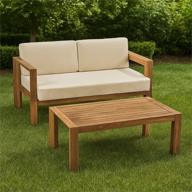 Benjara Outdoor Loveseat and Coffee Table Set- Beige Fabric- Brown Acacia Wood