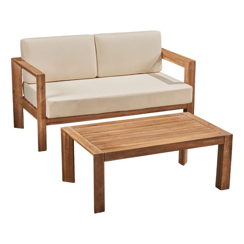 Benjara Outdoor Loveseat and Coffee Table Set- Beige Fabric- Brown Acacia Wood