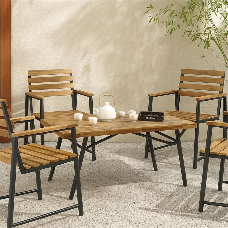Benjara Patio Coffee Table- Slatted Top- Brown Iron- 50
