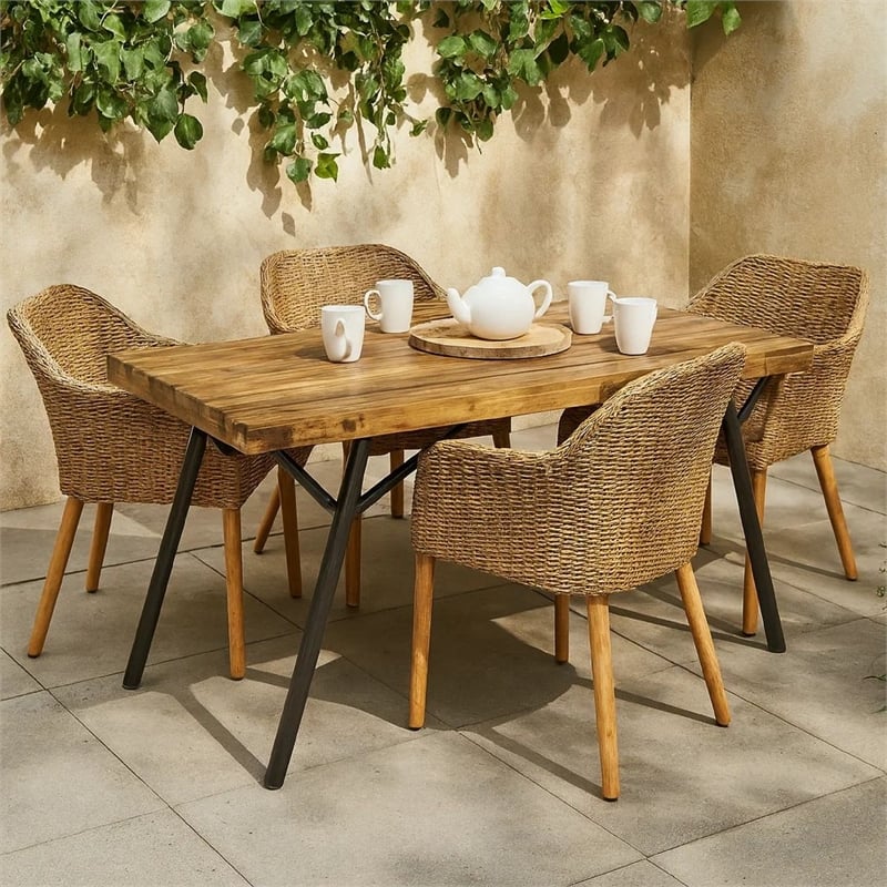 Benjara Patio Coffee Table- Slatted Top- Brown Iron- 50