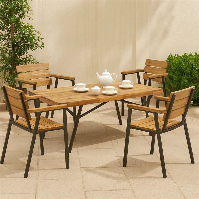 Benjara Patio Coffee Table- Slatted Top- Brown Iron- 50