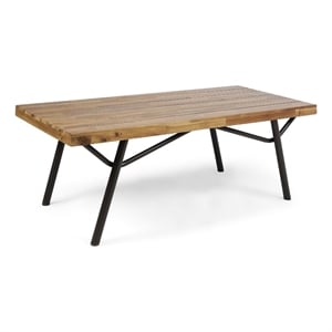 Benjara Patio Coffee Table- Slatted Top- Brown Iron- 50&quot Teak Brown Acacia