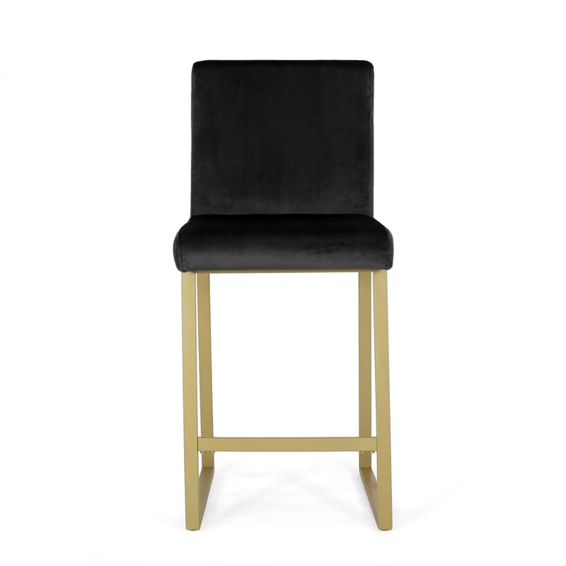 Benjara Counter Stool Chair Set of 2- Gold Sled Metal Base- Black Velvet