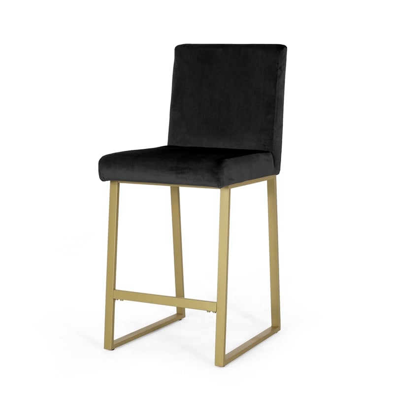 Benjara Counter Stool Chair Set of 2- Gold Sled Metal Base- Black Velvet