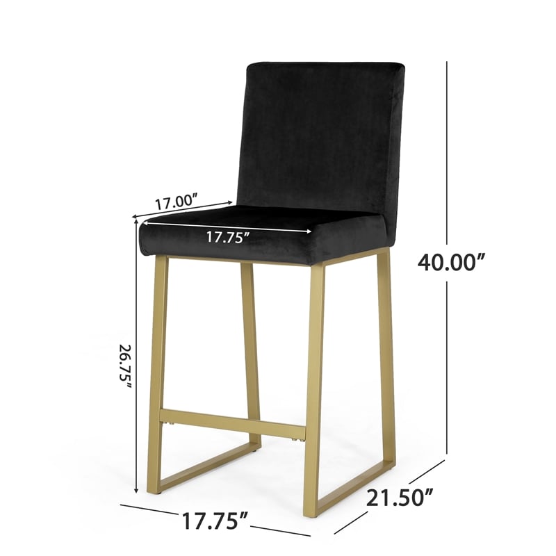 Benjara Counter Stool Chair Set of 2- Gold Sled Metal Base- Black Velvet