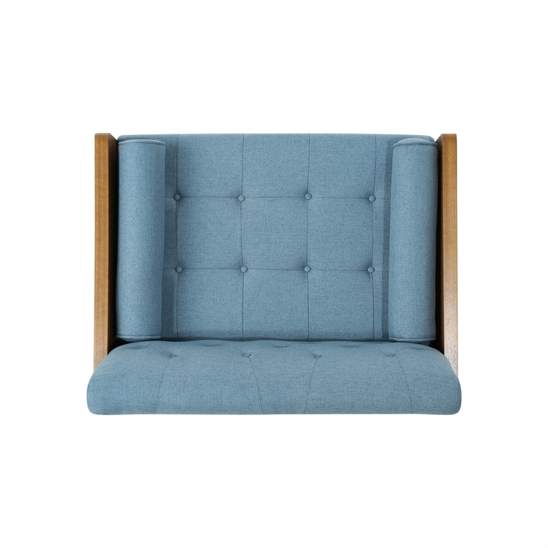 Benjara Lita Wide Accent Club Chair- Tufted- Blue Fabric- Brown Wood Frame