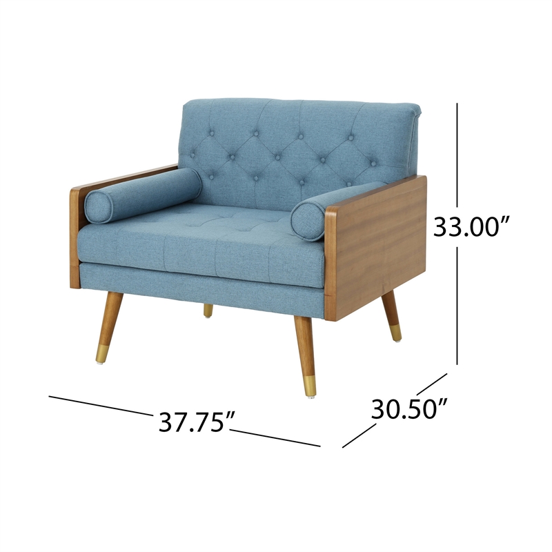 Benjara Lita Wide Accent Club Chair- Tufted- Blue Fabric- Brown Wood Frame