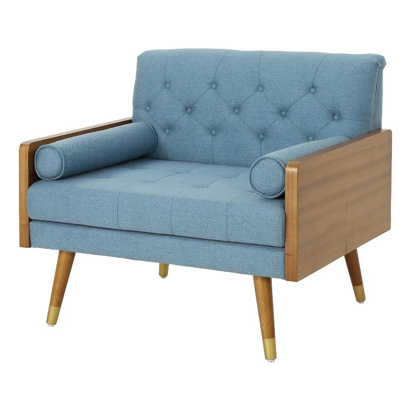 Benjara Lita Wide Accent Club Chair- Tufted- Blue Fabric- Brown Wood Frame